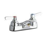 Chrome centerset faucet with two lever handles, integral spout, and red and blue indicator markers on handle tops.