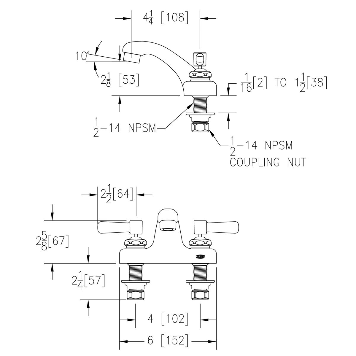 Chrome centerset faucet with curved spout, two lever handles, and exposed deck mounting hardware shown in technical diagram.