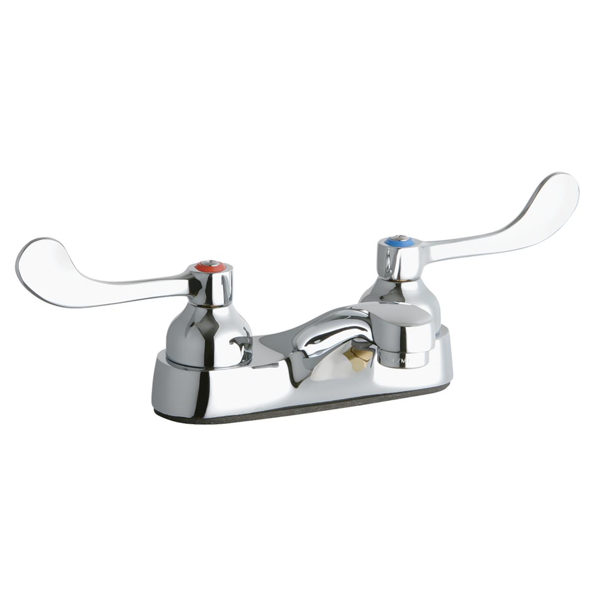 Chrome centerset faucet with integral spout and two white wristblade handles with red and blue indicators.