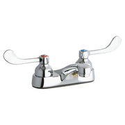 Chrome centerset faucet with integral spout and two white wristblade handles with red and blue indicators.
