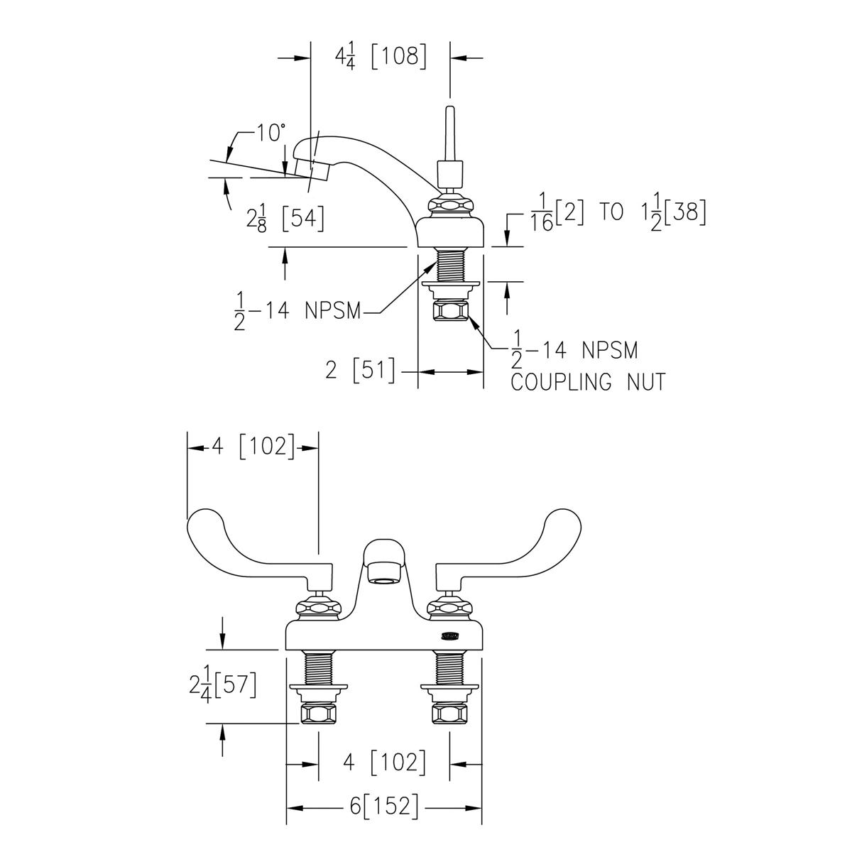 Technical drawing of a 4-inch centerset faucet with curved wristblade handles and integral spout, showing top and front views
