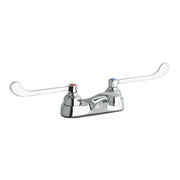 Chrome centerset faucet with curved wristblade handles, central spout, and red and blue indicator caps.