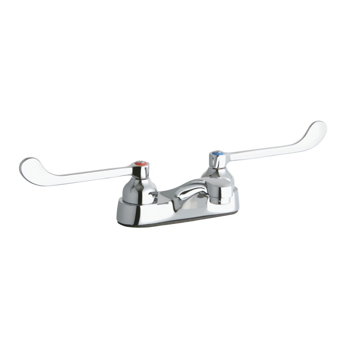 Chrome centerset faucet with curved wristblade handles, central spout, and red and blue indicator caps.