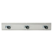 Gray aluminum wall-mounted mop holder with three black gear-style clamps evenly spaced along horizontal rail.