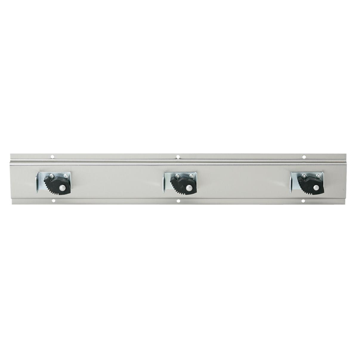 Gray aluminum wall-mounted mop holder with three black gear-style clamps evenly spaced along horizontal rail.