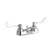 Chrome centerset faucet with two wristblade handles, curved spout, and red and blue indicator caps.