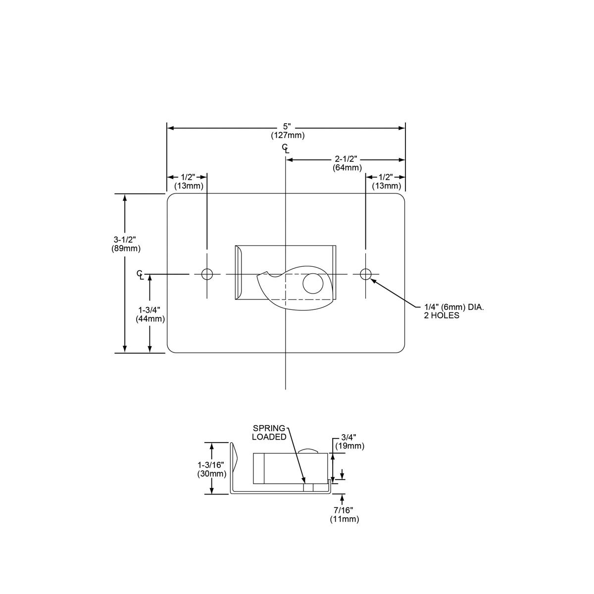 Stainless steel hose hanger with spring-loaded mechanism and two mounting holes, technical schematic with dimensions.