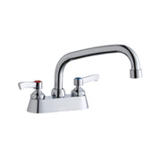Chrome centerset faucet with arched spout and two lever handles on white deck base.