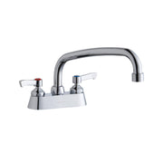 Chrome centerset faucet with arcing spout and two lever handles on white deck plate.