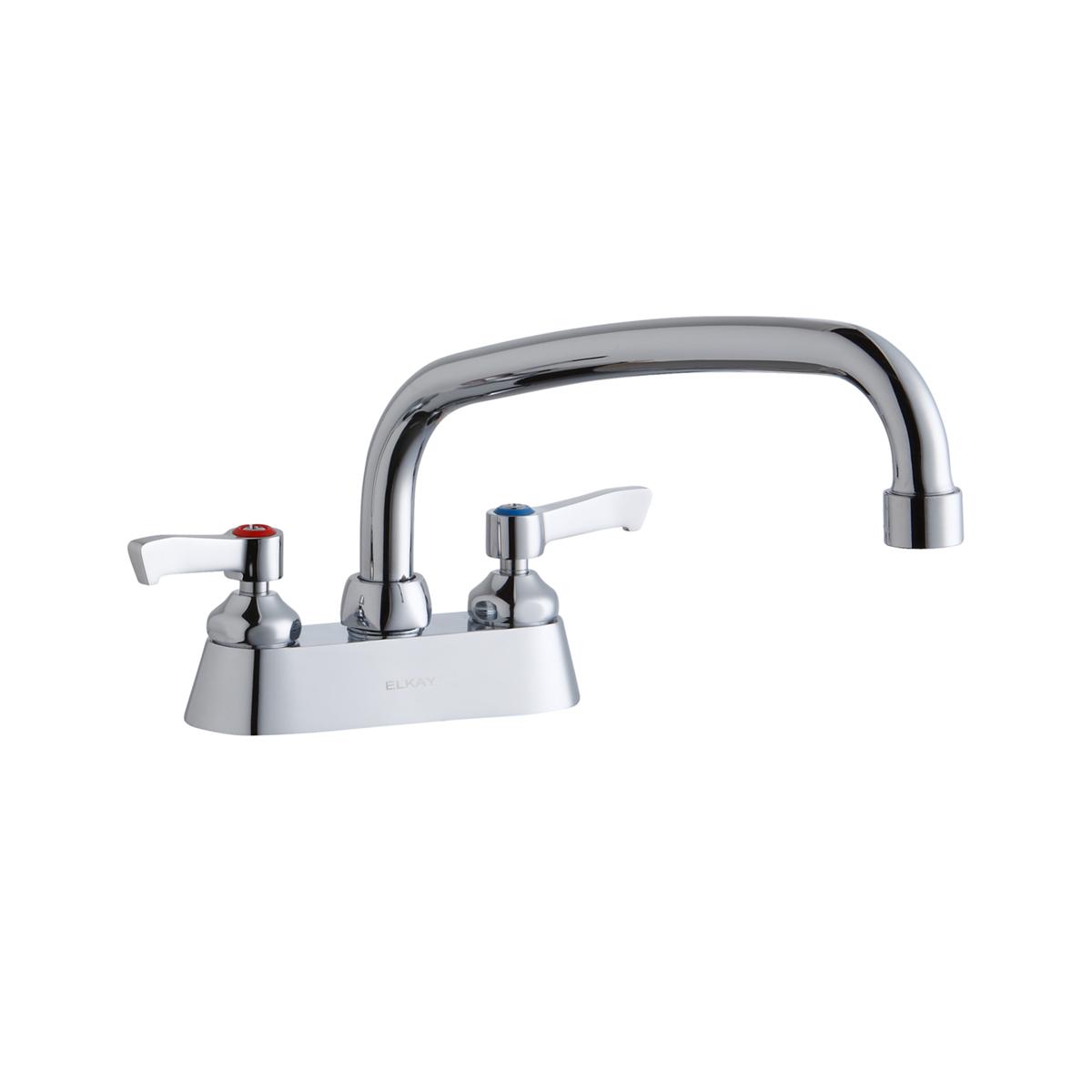 Chrome centerset faucet with arcing spout and two lever handles on white deck plate.
