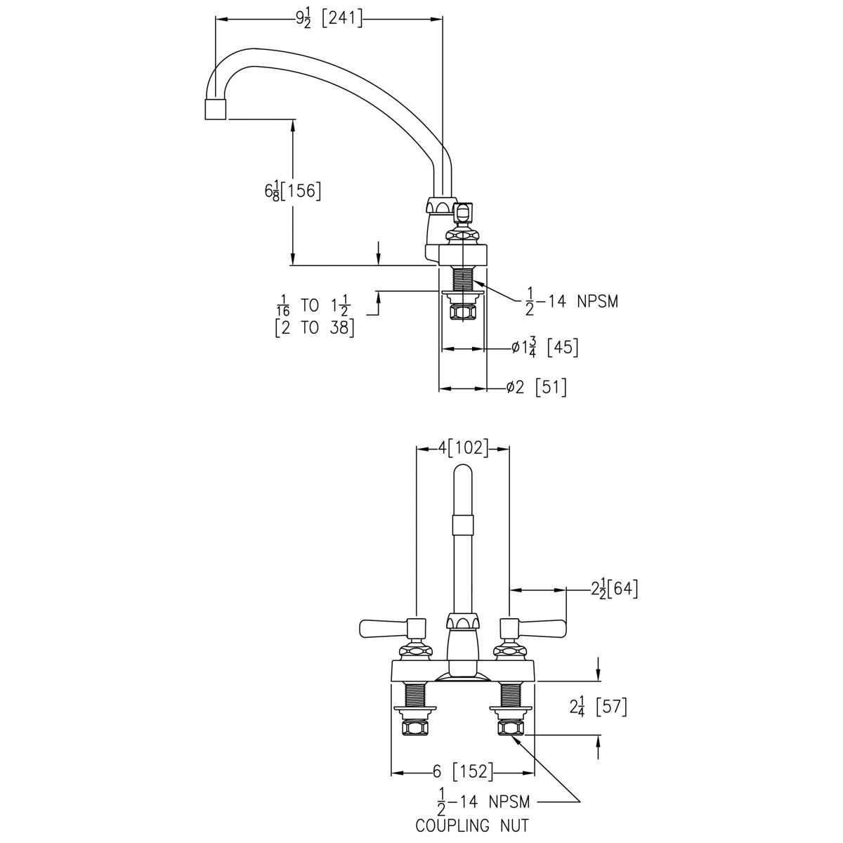 Chrome centerset faucet with arcing spout and lever handles, shown in technical drawing with dimensions.