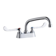 Chrome deck-mounted faucet with curved spout and white wristblade handles with red and blue indicators.