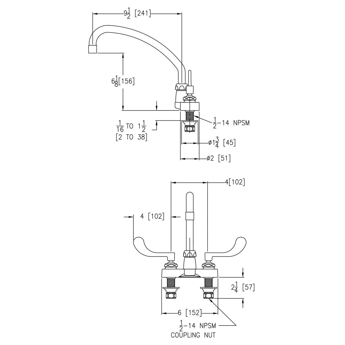 Chrome centerset faucet with 10-inch arc spout and wristblade handles shown in technical schematic with dimensions.