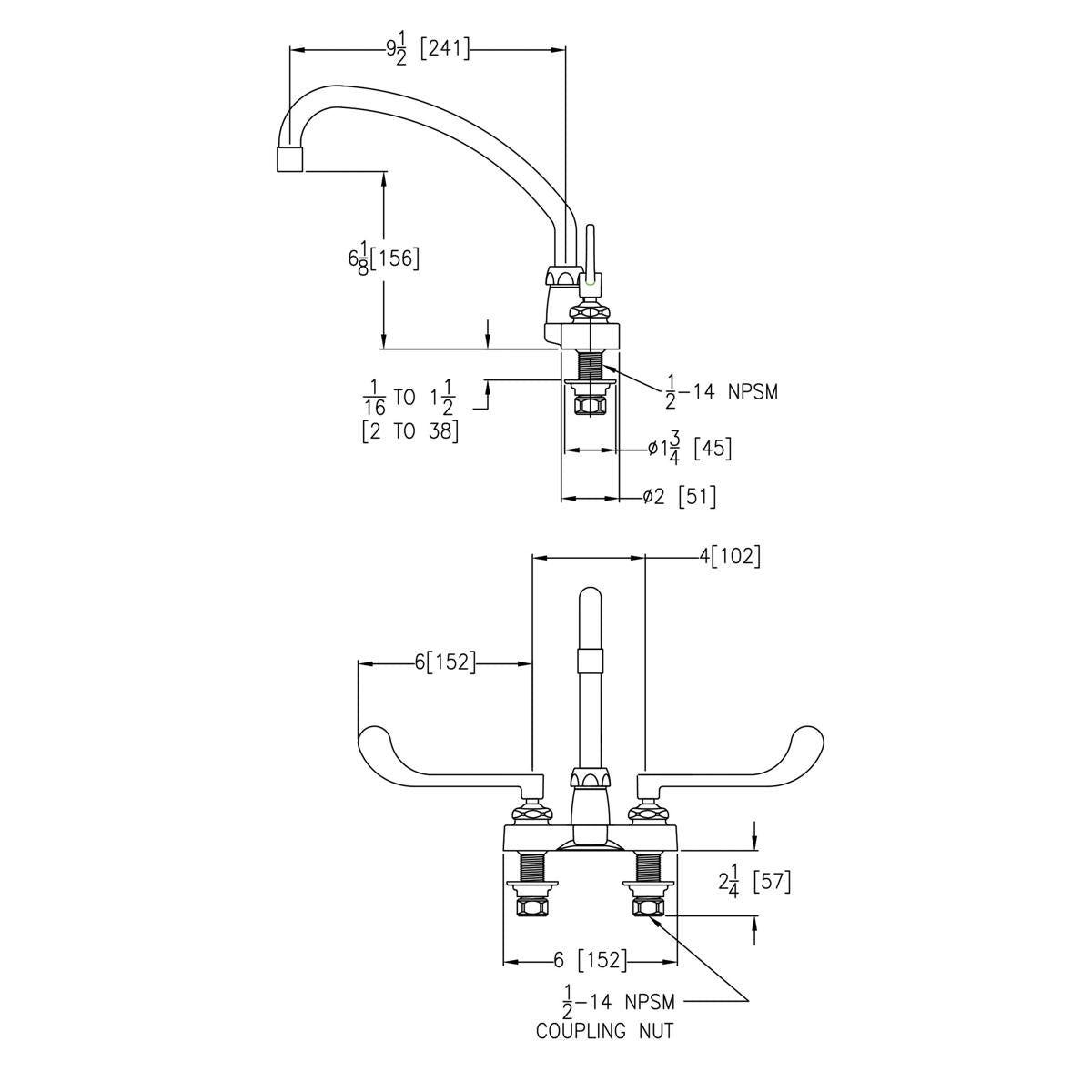 Centerset deck faucet with curved arc spout and lever handles, technical schematic with dimensions.