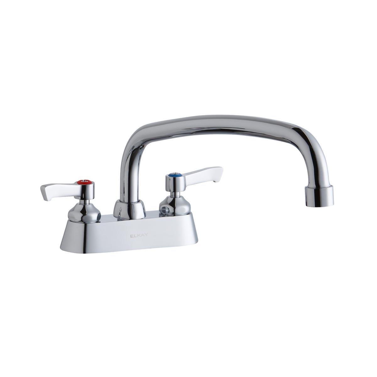 Chrome deck-mounted faucet with high arc spout and two lever handles with hot and cold indicators.