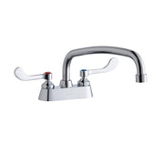 Chrome centerset faucet with white wristblade handles, arching spout, and red and blue indicator markings.