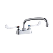 Chrome centerset kitchen faucet with arced spout and white wristblade handles on white base.
