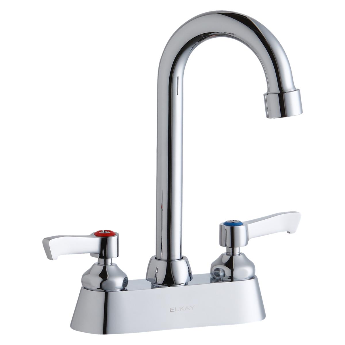 Chrome centerset faucet with gooseneck spout, white lever handles, and exposed deck mounting.