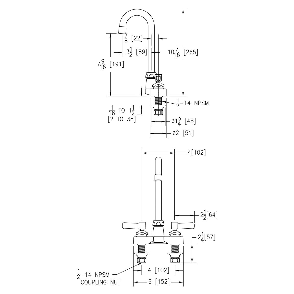 Chrome centerset faucet with 4" gooseneck spout, 2" lever handles, and exposed deck mounting with dimension specifications.