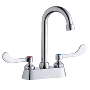 Chrome centerset faucet with gooseneck spout and white wristblade handles, red and blue indicator markers visible.