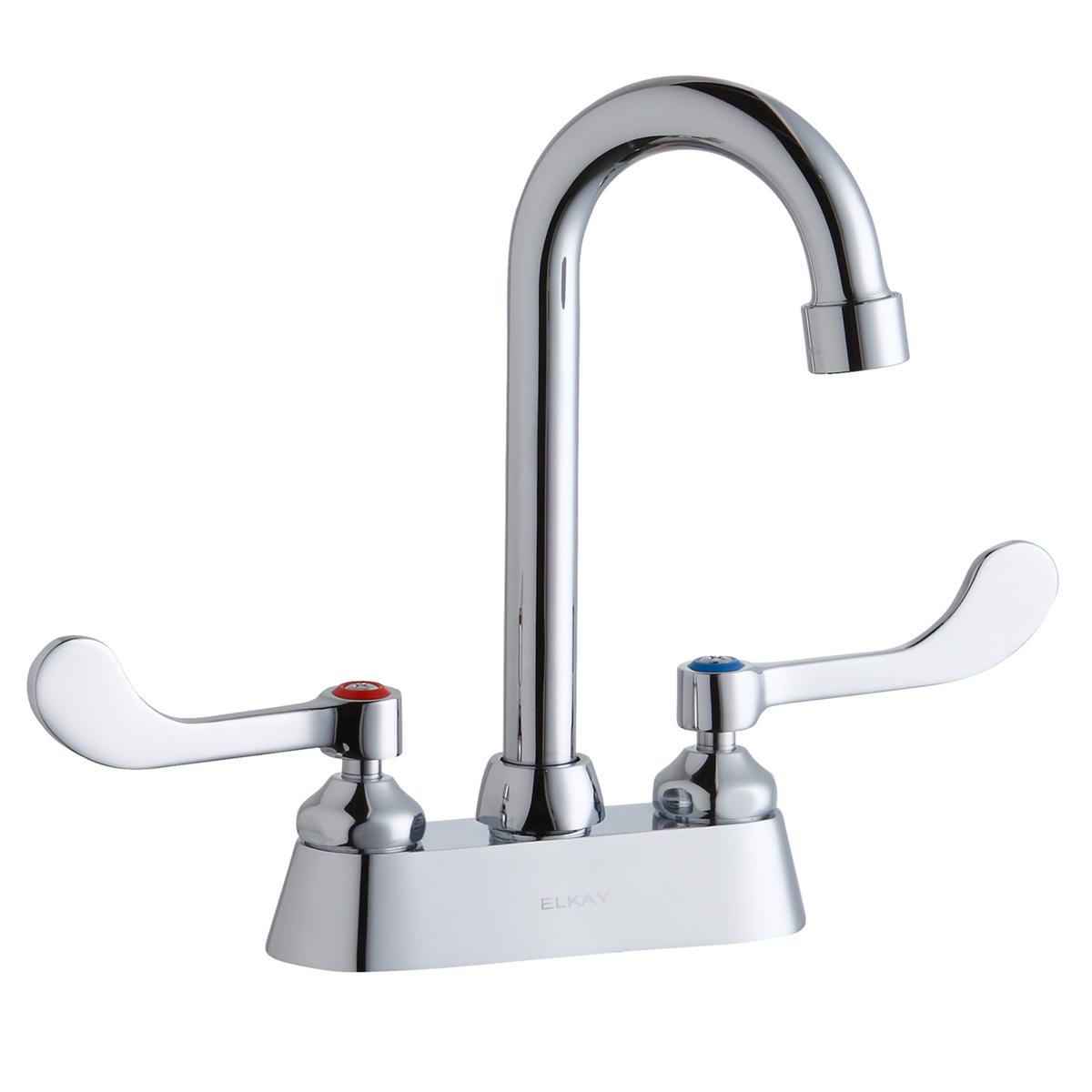 Chrome centerset faucet with gooseneck spout and white wristblade handles, red and blue indicator markers visible.