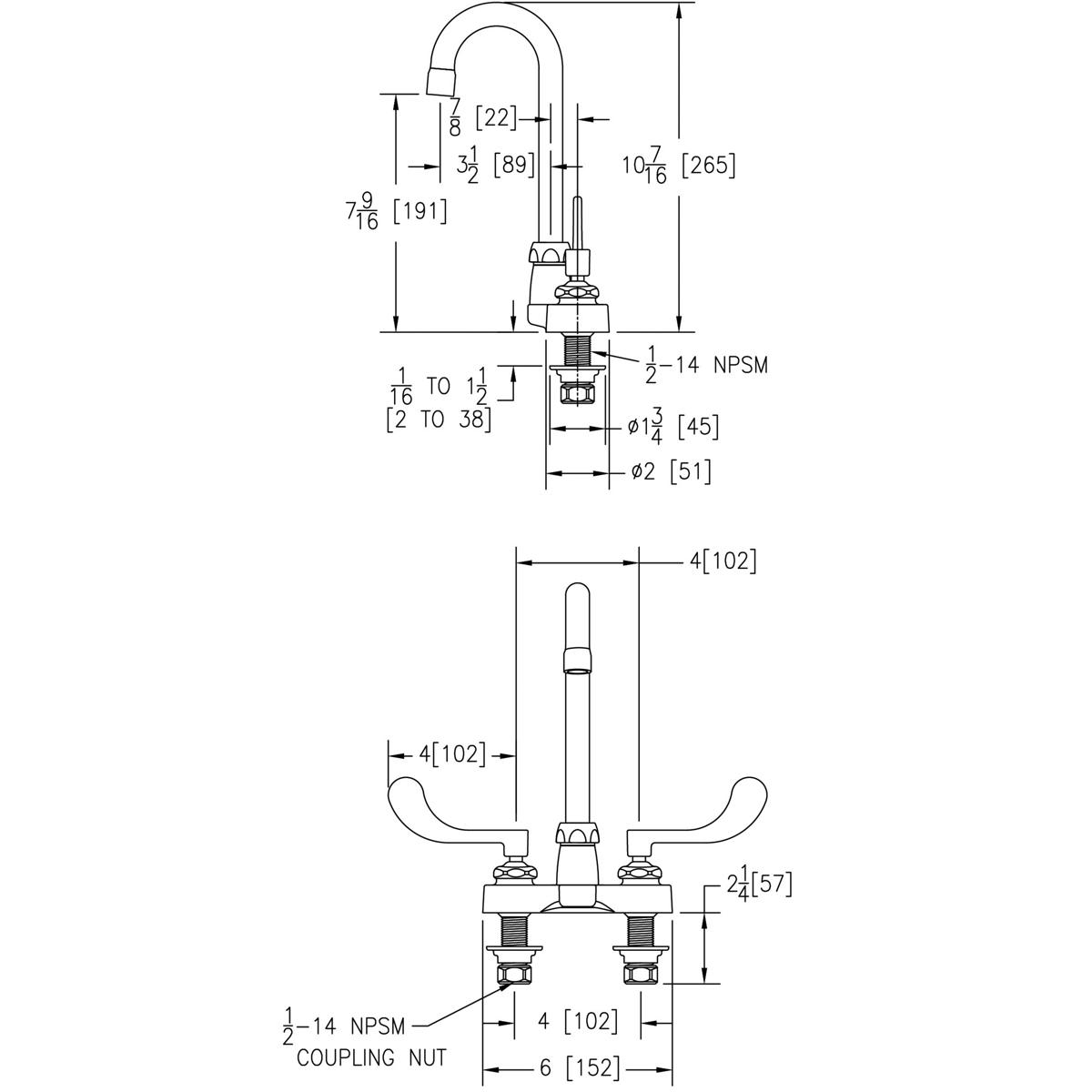 Chrome centerset faucet with 4-inch gooseneck spout and wristblade handles, technical specification drawing.