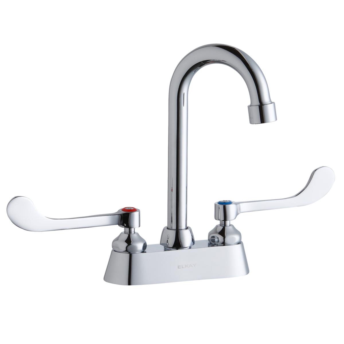 Chrome centerset faucet with gooseneck spout and white wristblade handles.