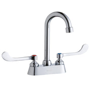 Chrome centerset faucet with gooseneck spout and white wristblade handles.