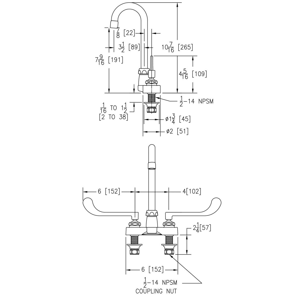 Chrome centerset faucet with curved gooseneck spout and wide wristblade handles, shown in technical schematic with dimensions
