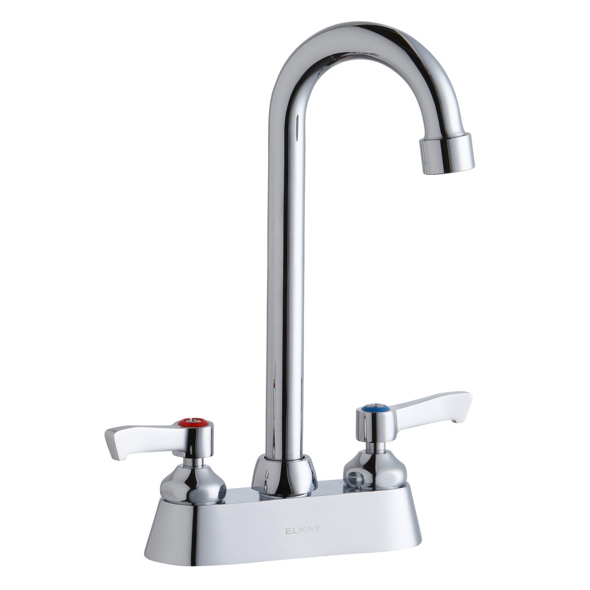 Chrome faucet with gooseneck spout, white lever handles, and red and blue temperature indicators on deck plate.