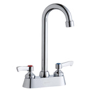 Chrome faucet with gooseneck spout, white lever handles, and red and blue temperature indicators on deck plate.