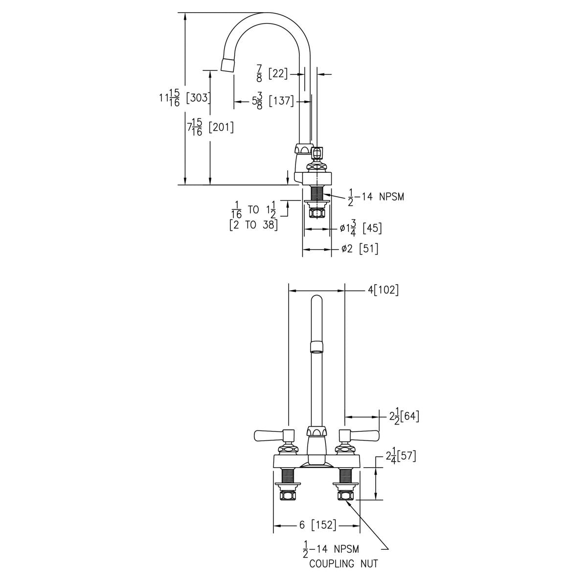 Chrome centerset faucet with 5-inch gooseneck spout and two 2-inch lever handles, technical specification drawing with dimens