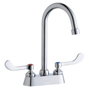 Chrome centerset faucet with gooseneck spout and white wristblade handles.
