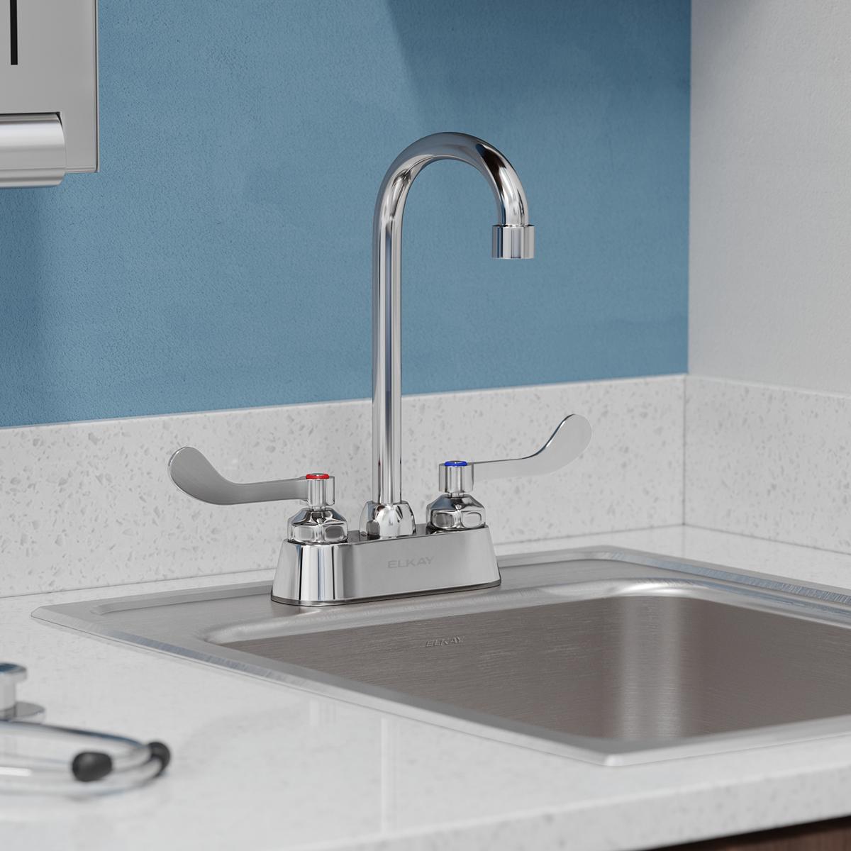 Elkay 4" Centerset with Exposed Deck Faucet with 5" Gooseneck Spout 4" Wristblade Handles Chrome