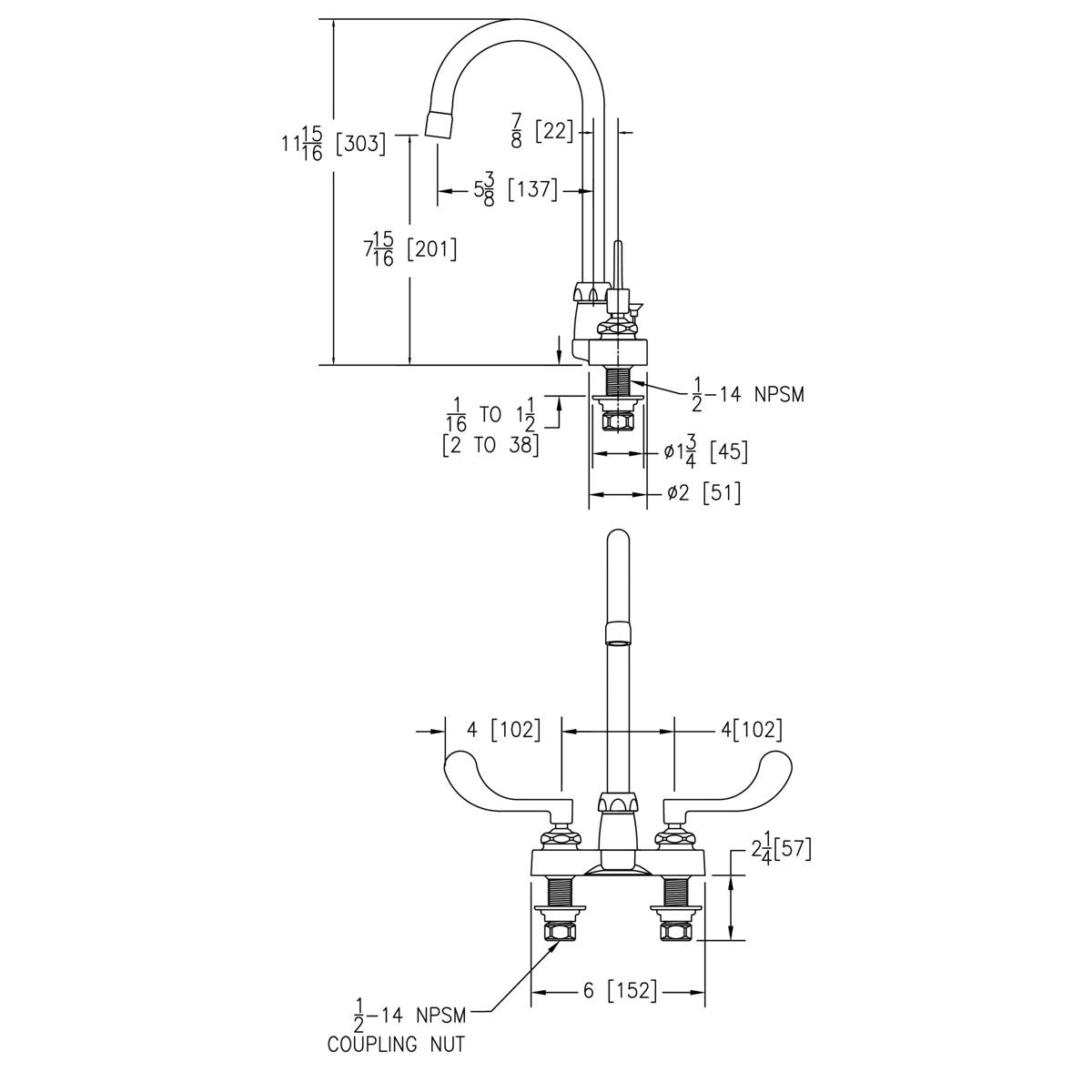 Chrome centerset faucet with 5" gooseneck spout and 4" wristblade handles, technical drawing with dimensions.