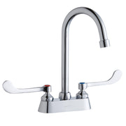 Chrome centerset faucet with tall gooseneck spout and white wristblade handles.