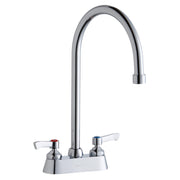 Chrome centerset faucet with tall curved gooseneck spout and two lever handles on white deck plate.