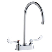 Chrome kitchen faucet with curved gooseneck spout and white wristblade handles on rectangular base.