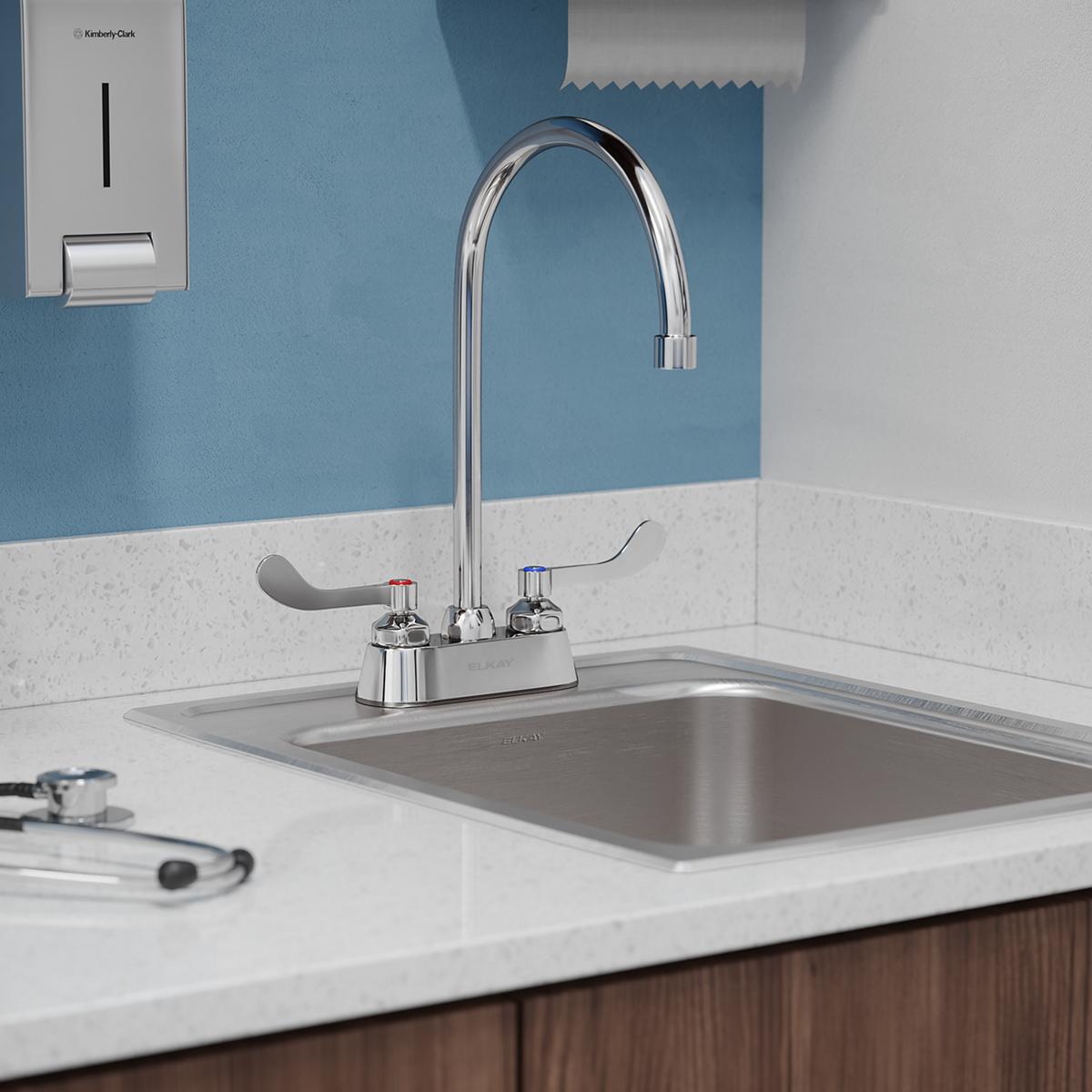 Elkay 4" Centerset with Exposed Deck Faucet with 8" Gooseneck Spout 4" Wristblade Handles Chrome