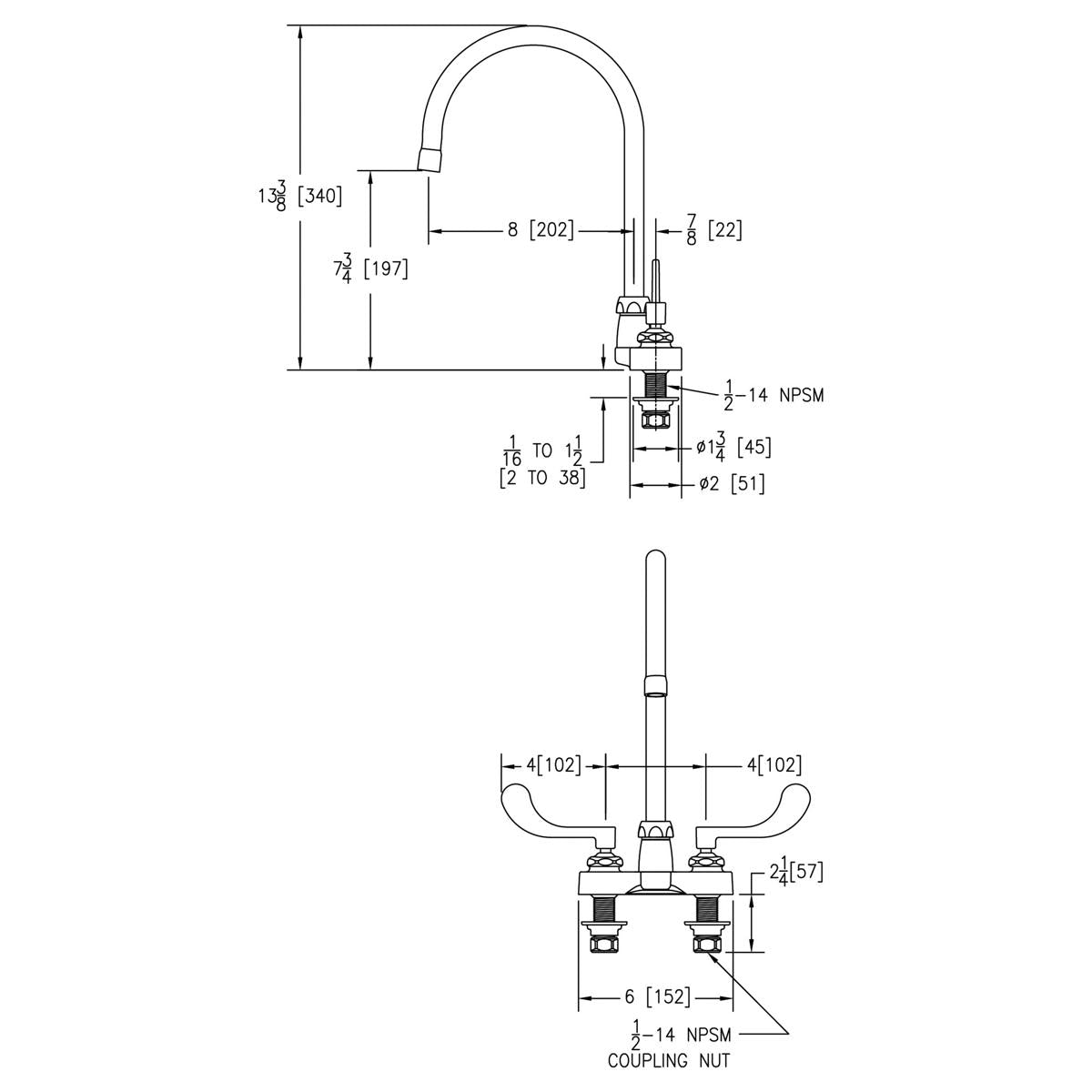 Chrome centerset faucet with 8-inch gooseneck spout and 4-inch wristblade handles, technical schematic view.