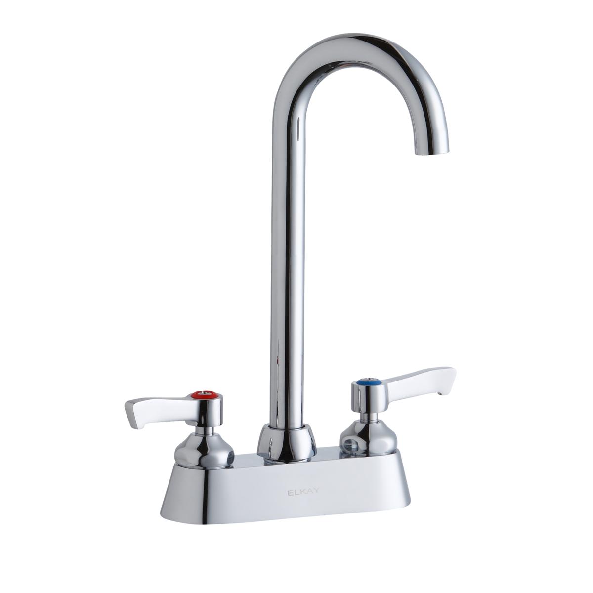 Chrome centerset faucet with curved gooseneck spout and two lever handles with red and blue indicators.
