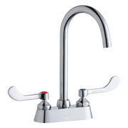 Chrome centerset faucet with curved gooseneck spout and white wristblade handles on deck mount base.