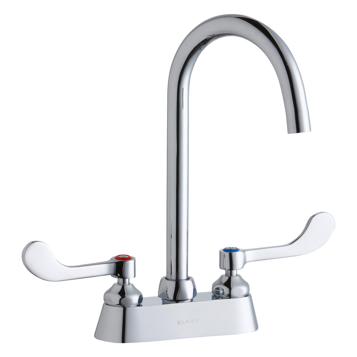 Chrome centerset faucet with curved gooseneck spout and white wristblade handles on deck mount base.