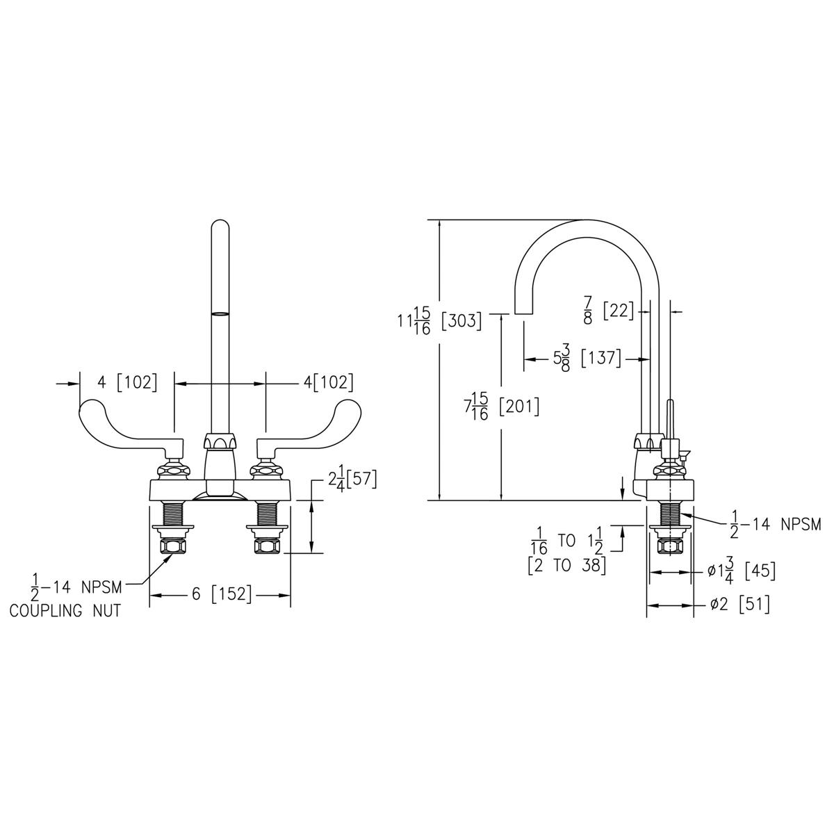 Chrome kitchen faucet with curved gooseneck spout and two wristblade handles, shown in front and side technical drawings with