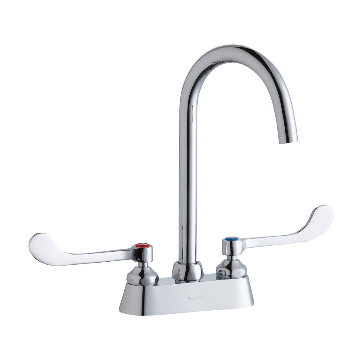 Chrome centerset faucet with curved gooseneck spout and white wristblade handles on white base.