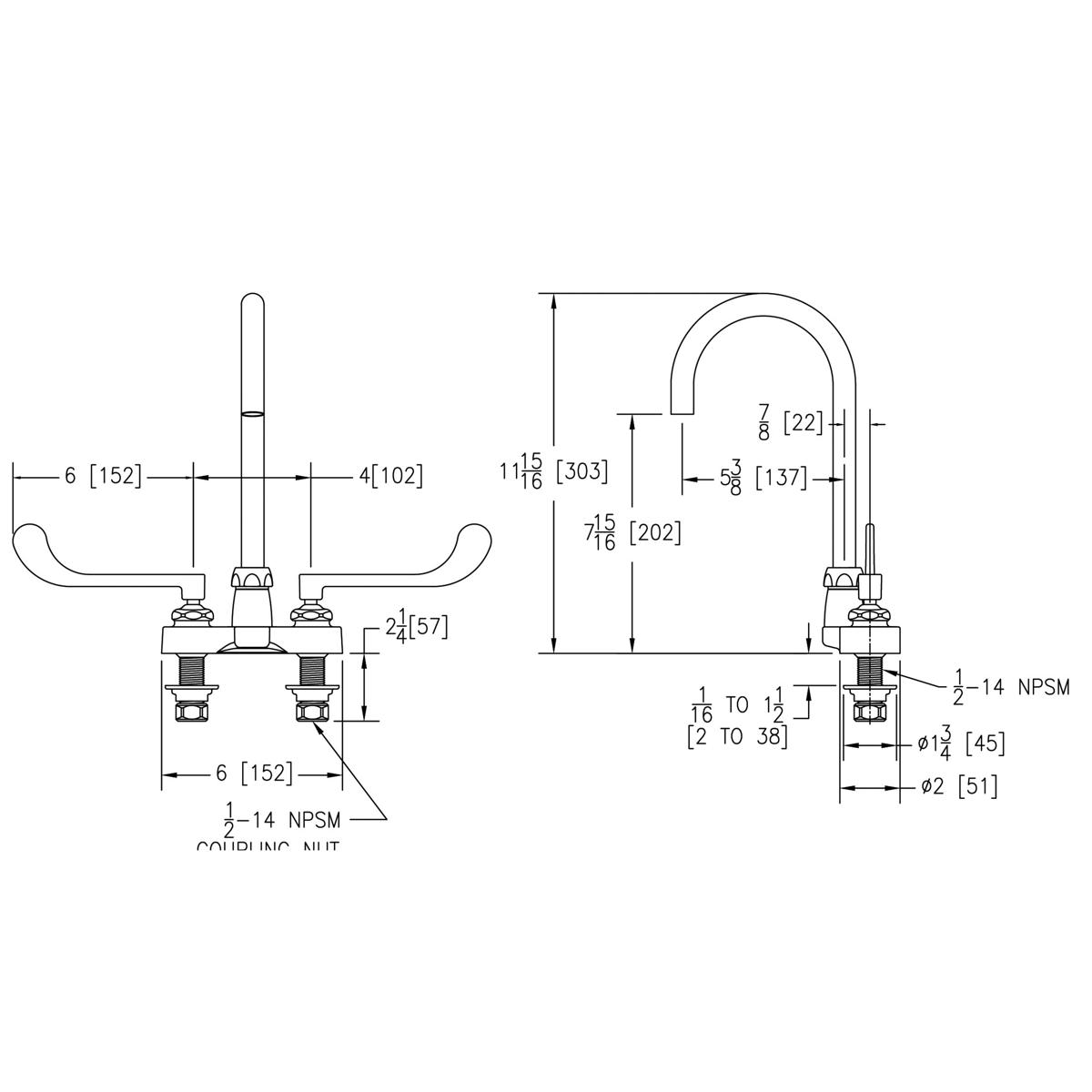 Chrome centerset faucet with 5" gooseneck spout, 6" wristblade handles, and laminar flow aerator shown in technical line draw