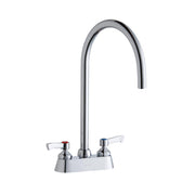 Chrome centerset kitchen faucet with tall curved gooseneck spout and two lever handles on white base.