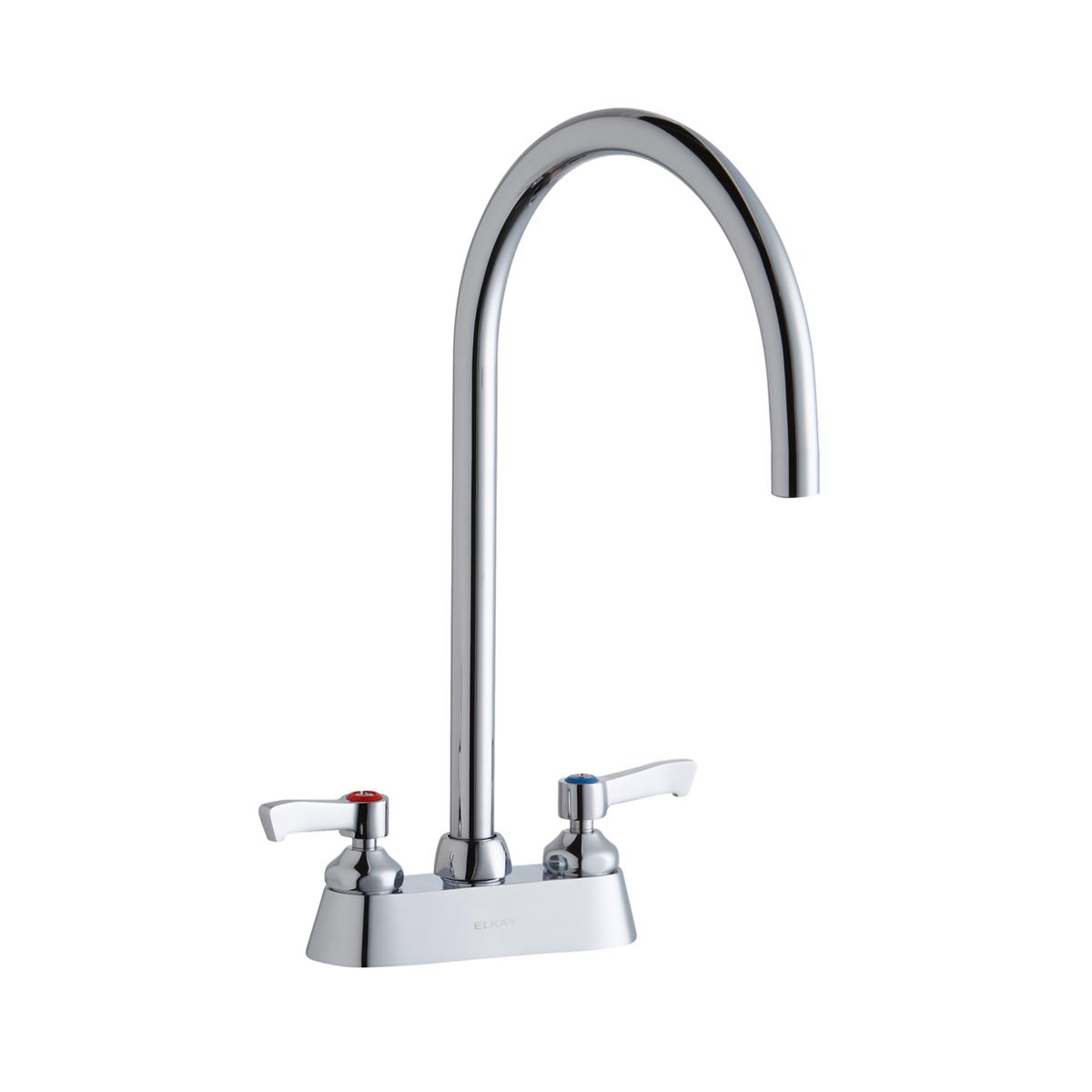 Chrome centerset kitchen faucet with tall curved gooseneck spout and two lever handles on white base.
