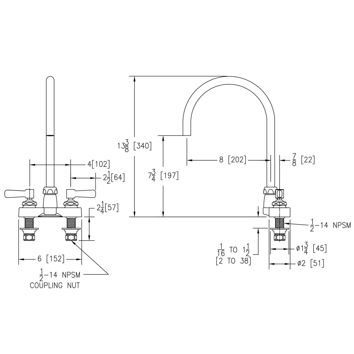 Chrome centerset faucet with 8-inch gooseneck spout and two lever handles, shown in technical schematic with dimensions.