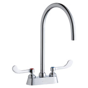 Chrome kitchen faucet with tall gooseneck spout and two white wristblade handles on rectangular base.